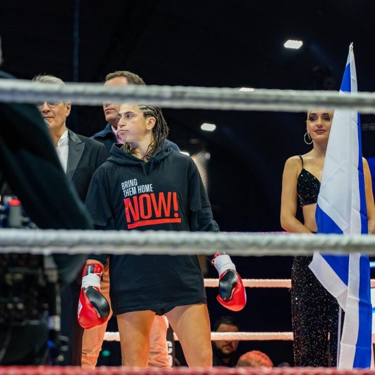 Nili Block in the ring, wearing a reminder of the Israeli hostages in Gaza.  Photo: Instagram screenshot